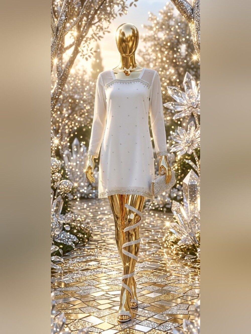 Embellished Ivory Mini Dress with Long Sleeves 🤍 ✨